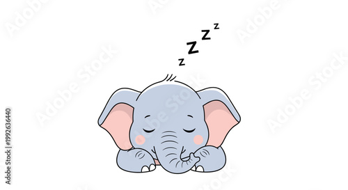Adorable baby elephant sleeping peacefully with its eyes closed and Zzz symbols floating above on white background.