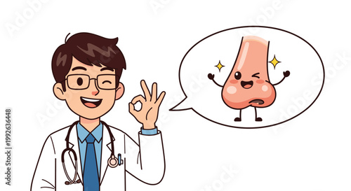 Happy doctor gesturing okay while thinking about a healthy and cheerful cartoon nose character with sparkles and winking.