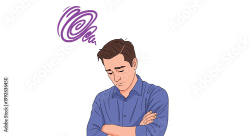 Sad or depressed man in a blue shirt with his arms crossed and a purple spiral above his head representing mental stress.