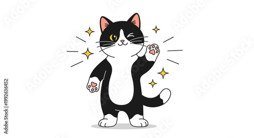 Charming black and white tuxedo cat winking and waving its paw surrounded by yellow stars on white background.