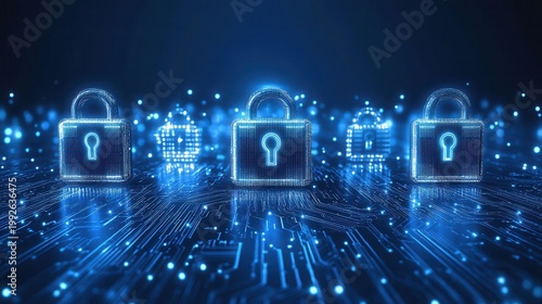 Digital security layers with glowing locks and circuits representing data encryption concepts