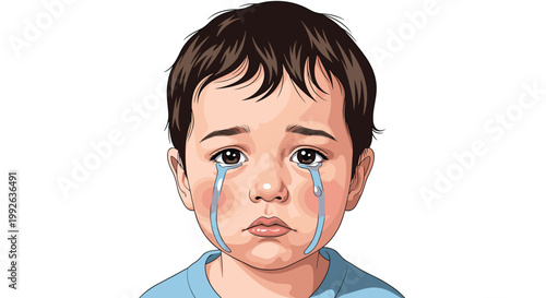 Realistic portrait of a young boy with dark hair crying with large tears streaming down his face and red cheeks.