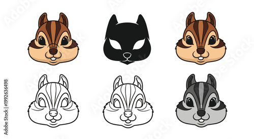 Selection of chipmunk head illustrations featuring full color, silhouette, line art, and grayscale versions on white.