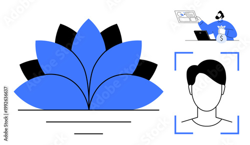 Wellness, digital identity, personal security, online payments, data recognition, business. Blue lotus flower, man scanning a face and online payment setup. Wellness and digital identity concept