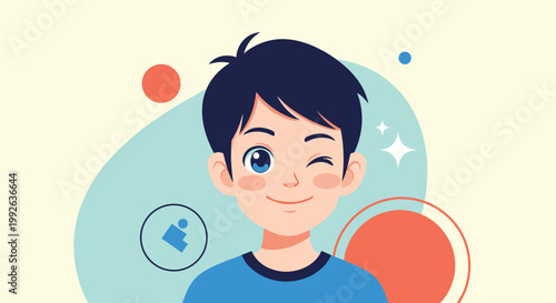 Young cartoon boy with dark hair winking and smiling cheerfully against a pastel blue and yellow background.