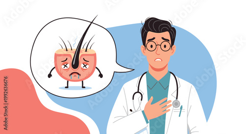 Concerned male doctor with glasses showing a thought bubble containing a sad and sick hair follicle character.