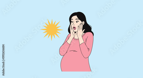 Surprised pregnant woman in pink shirt touching her face with both hands next to a bright yellow sun symbol.