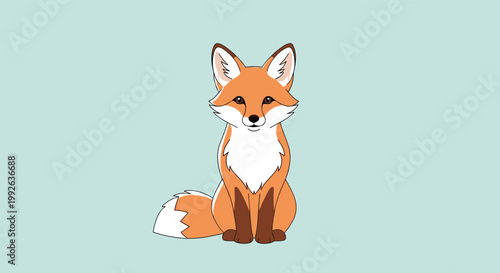 Adorable red fox sitting and looking forward calmly on a minimalist light blue background with white highlights.