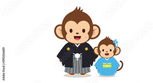 Pair of cute monkeys dressed in traditional Japanese wedding attire including a black montsuki and blue kimono.