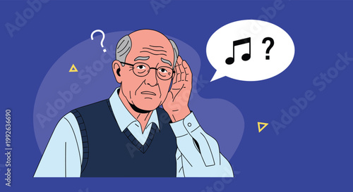 Elderly man with glasses cupping his ear to hear better with a thought bubble showing a music note and question mark.