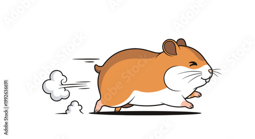 Energetic hamster running very fast with speed lines and a cloud of dust behind it on a white background.