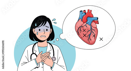 Worried female doctor in white coat with a thought bubble showing a human heart marked with cross symbols.