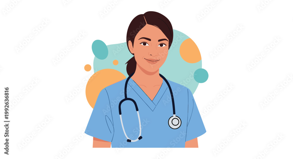 Fototapeta premium Professional portrait of a female nurse or doctor wearing blue scrubs and a stethoscope with abstract shapes.