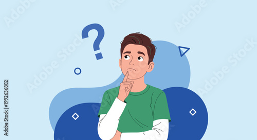 Young man in a green shirt thinking deeply with a finger on his chin and a blue question mark above his head.