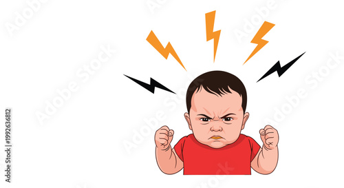 Furious baby boy with a scowling face and clenched fists surrounded by black and yellow lightning bolts.