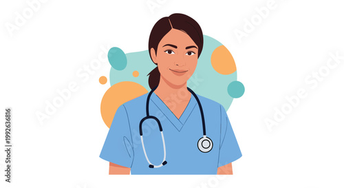 Professional portrait of a female nurse or doctor wearing blue scrubs and a stethoscope with abstract shapes.