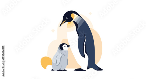 Emperor penguin standing beside its small fluffy chick in a simple artistic illustration with soft background shapes.