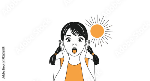 Surprised young girl with pigtails holding her cheeks in shock next to a bright orange sun on a white background.