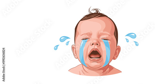 Realistic illustration of a baby boy crying loudly with tears streaming down his face and mouth open in distress.