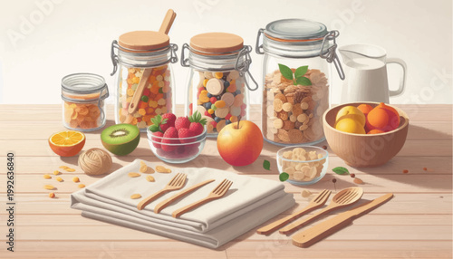 Jars of Food with Fruits and Utensils.