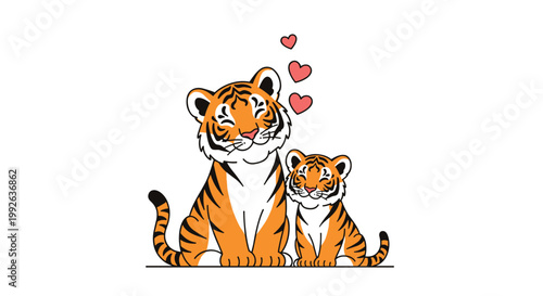 Happy mother tiger and her cub sitting together with red hearts floating above them in a cute cartoon illustration.