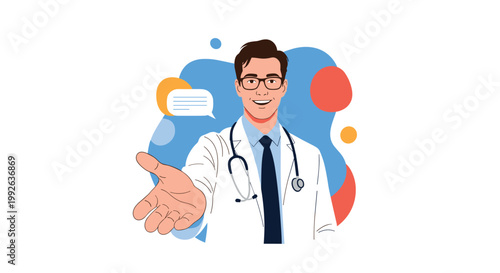 Friendly male doctor wearing glasses and a white coat reaching his hand out in a welcoming gesture against a blue background.