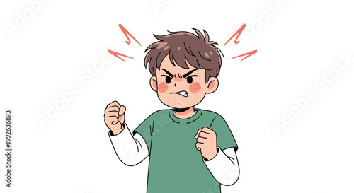 Young boy looking very angry and frustrated with clenched fists and red cheeks in a cartoon style illustration.