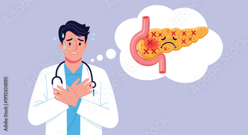 Concerned male doctor in a white lab coat thinking about a diseased or unhealthy pancreas depicted in a thought bubble.