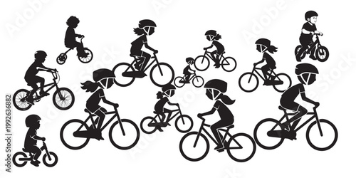 A black and white illustration of a bicycle parade or group ride