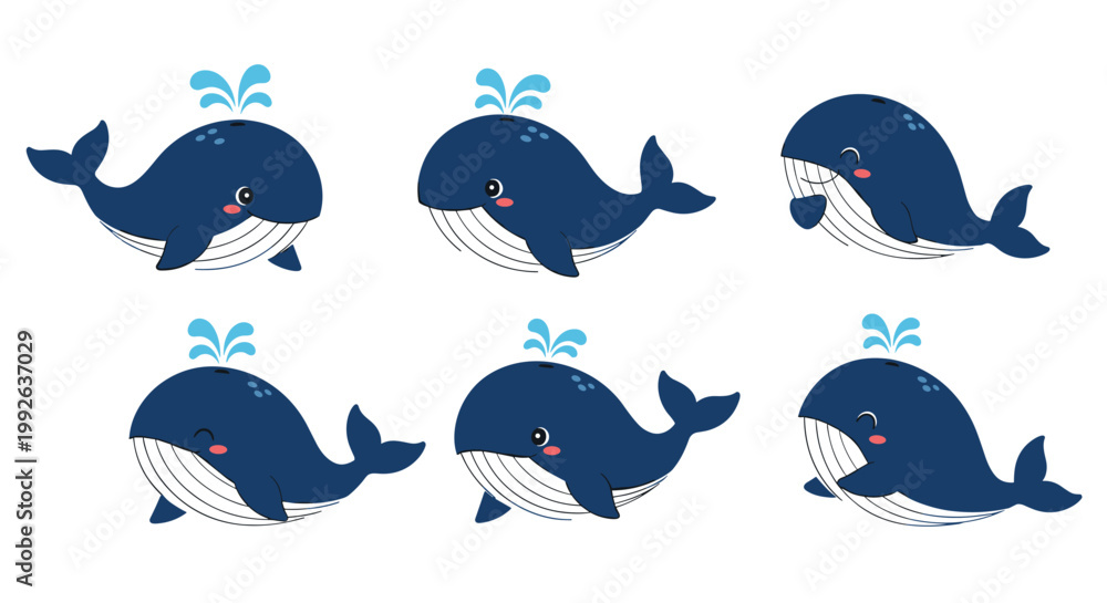 Fototapeta premium Collection of six cute cartoon whales in various poses including spouting water and swimming for aquatic theme designs.