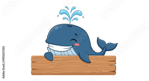 Happy cartoon blue whale smiling and holding a blank wooden sign while spouting water from its blowhole on white background.