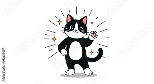 Cool black and white tuxedo cat winking and waving its paw with sparkling light rays behind it on a white background.