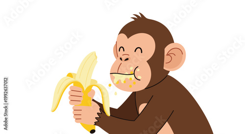 Funny cartoon monkey enthusiastically eating a yellow banana with pieces flying around its mouth on white background.