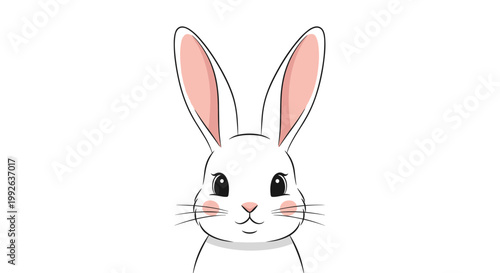 Close-up face of a cute white rabbit with long pink ears and rosy cheeks on a clean white background.