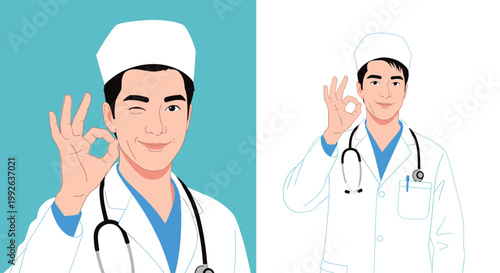 Smiling male doctor wearing a white coat and cap giving an okay hand sign with a wink for medical success concept.