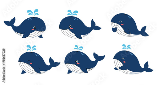 Collection of six cute cartoon whales in various poses including spouting water and swimming for aquatic theme designs.
