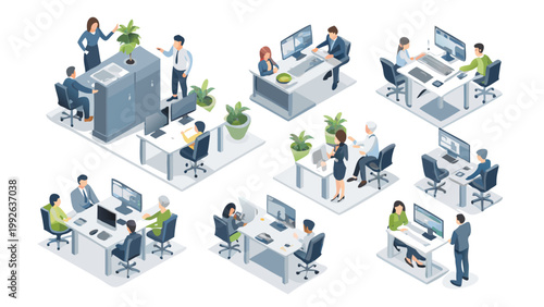 Isometric illustration depicting a busy modern office environment with employees