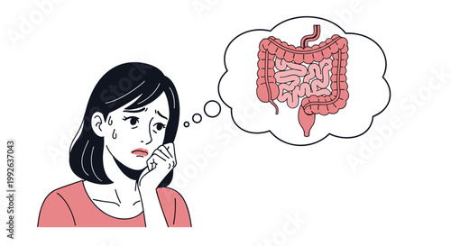 Worried woman in a pink shirt thinking about a diagram of the human digestive system or intestines with a thought bubble.