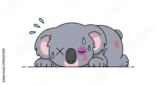 Injured koala cartoon character lying down with bruises and a bandage indicating pain or exhaustion on white background.