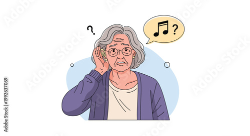 Elderly woman wearing glasses holding her hand to her ear trying to hear music notes coming from a speech bubble.