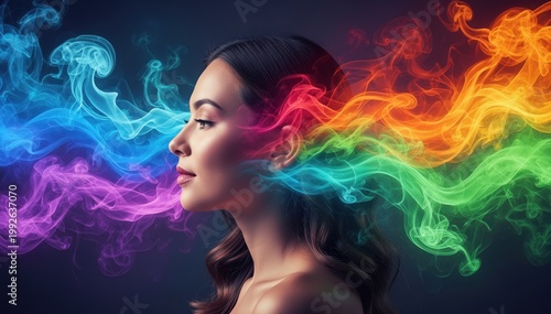 Vivid Inner World: A portrait of serene individual with radiant, multi-colored streams emerging from her head, signifying thought and feeling, and a dynamic and imaginative inner landscape.