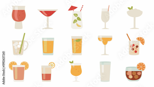 Assorted colorful cocktails and drinks displayed in various stemmed glasses