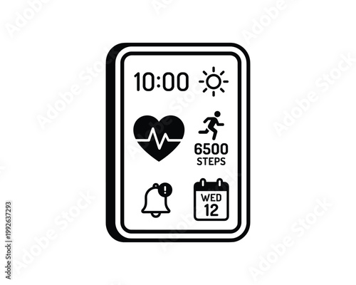 Digital smartwatch display showing time, heart rate, steps, weather, notifications, and calendar.