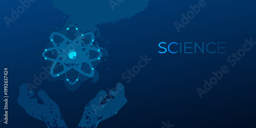 Hands holding a glowing atomic structure with the word science