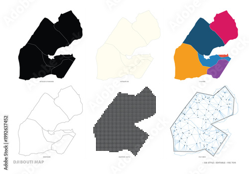 Djibouti map illustrations displaying diverse styles including solid, colored, line art, and mesh.