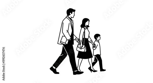Family walking together holding hands illustration.