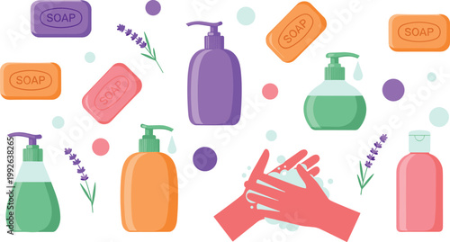 Handwashing and Hygiene Vector Collection Featuring Soap Bottles, Bars, Bubbles, and Cleanliness