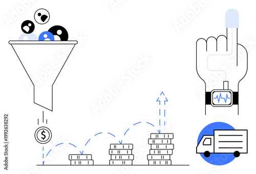 Data analysis, business growth, conversion rate, smart technology, healthcare, logistics. A funnel filtering data, stacks of coins a smartwatch and a truck. Data analysis and business growth