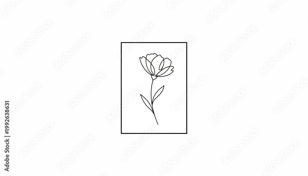 Fototapeta premium Minimalist line art of a single delicate flower with stem and leaves inside a rectangle