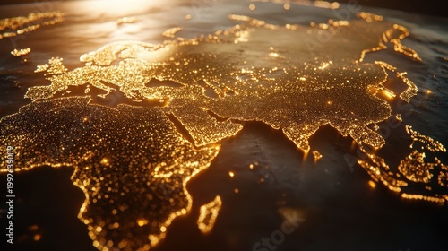 Global trade routes visualized with golden glowing lines connecting major cities across a digital world map